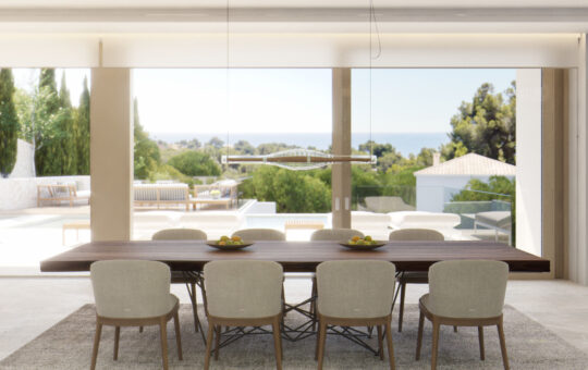 Premium new build villa in Portals Nous - Dining area with access to the outside area and sea views