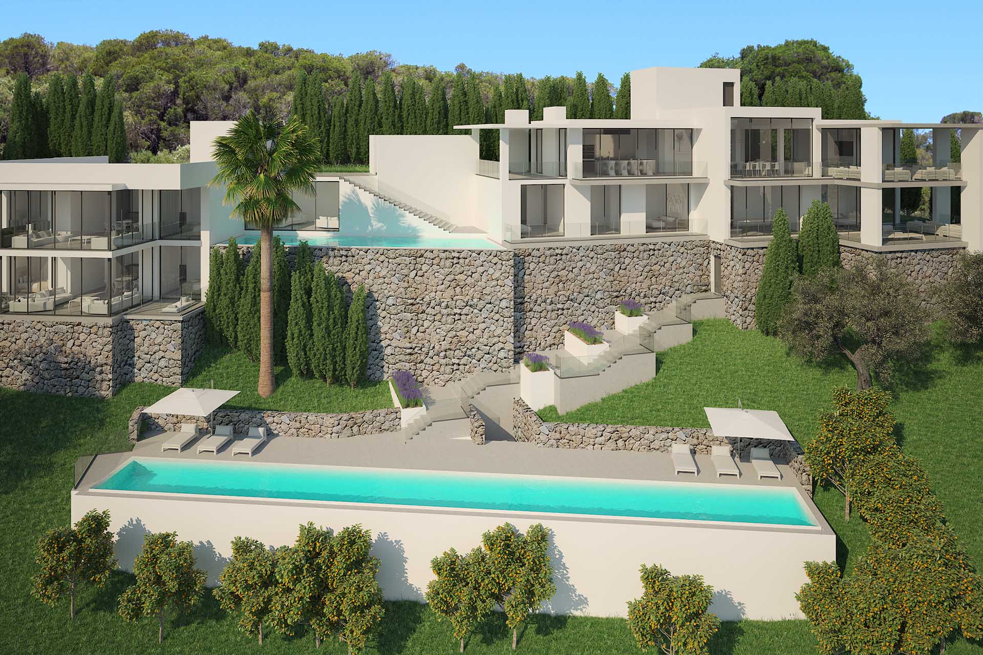 Spektakuläres Villenprojekt mit Panoramablick - Außenbereich mit diversen Terrassen und zwei Pools
