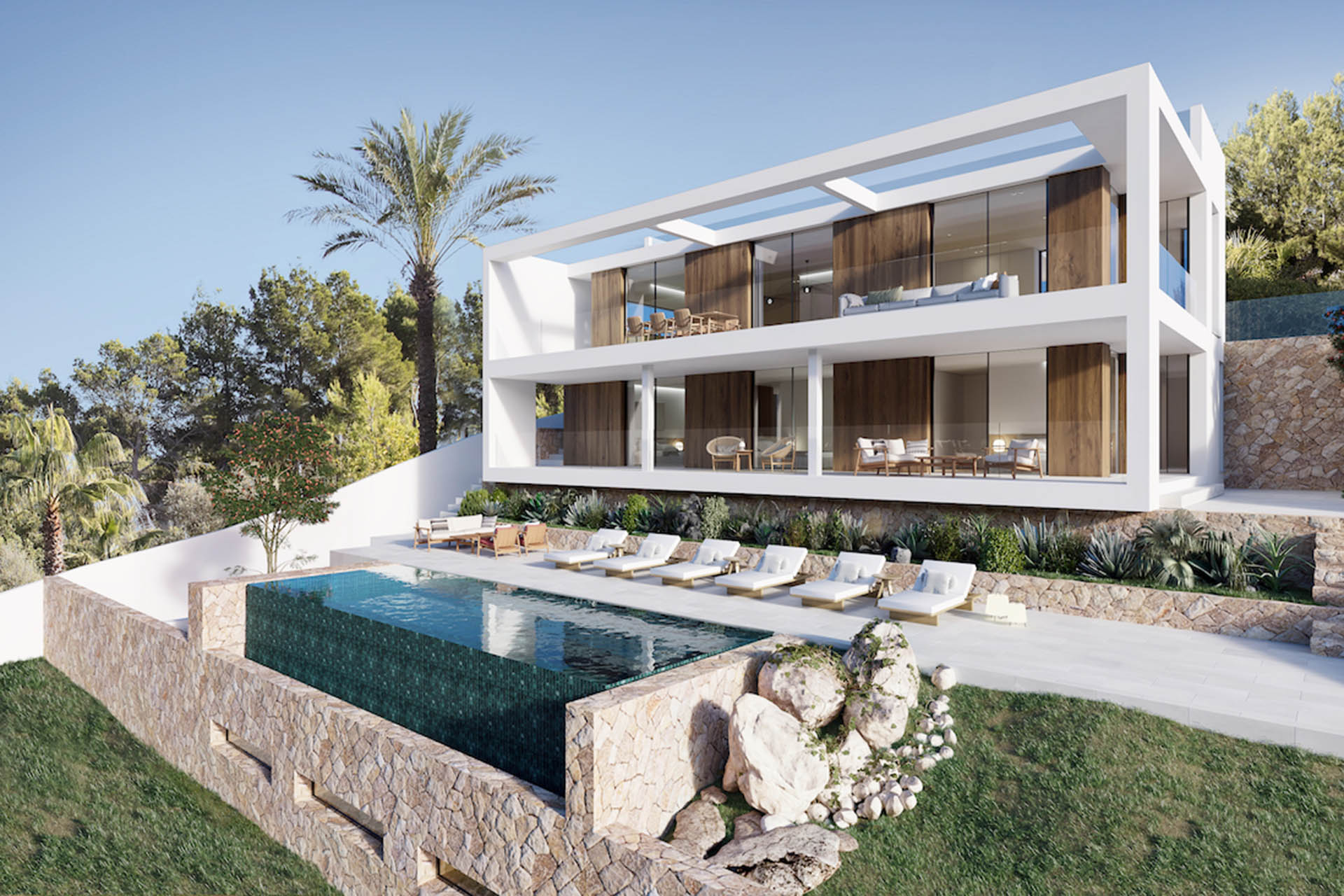 Sanierungsprojekt: Moderne Villa mit Traumblick - Fassadenansicht mit Pool