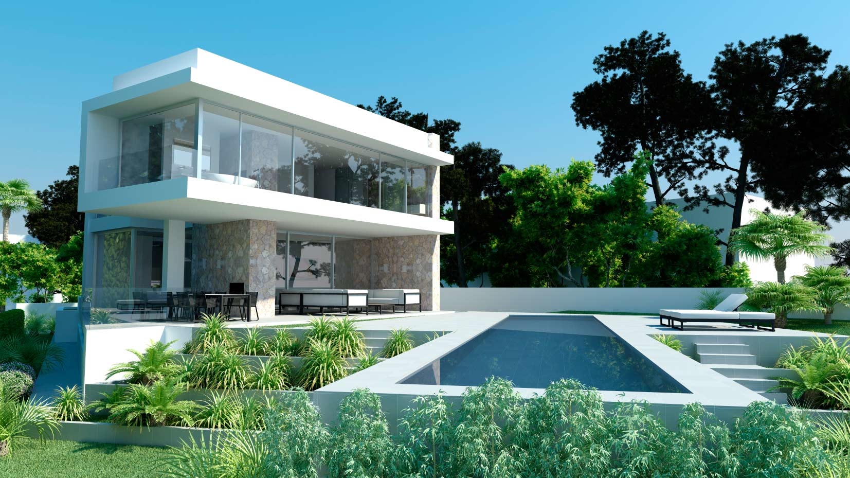 Designer Villa in 1. Meereslinie in Port Adriano - Herrlicher Aussenbereich mit Terrassen, Garten und Pool