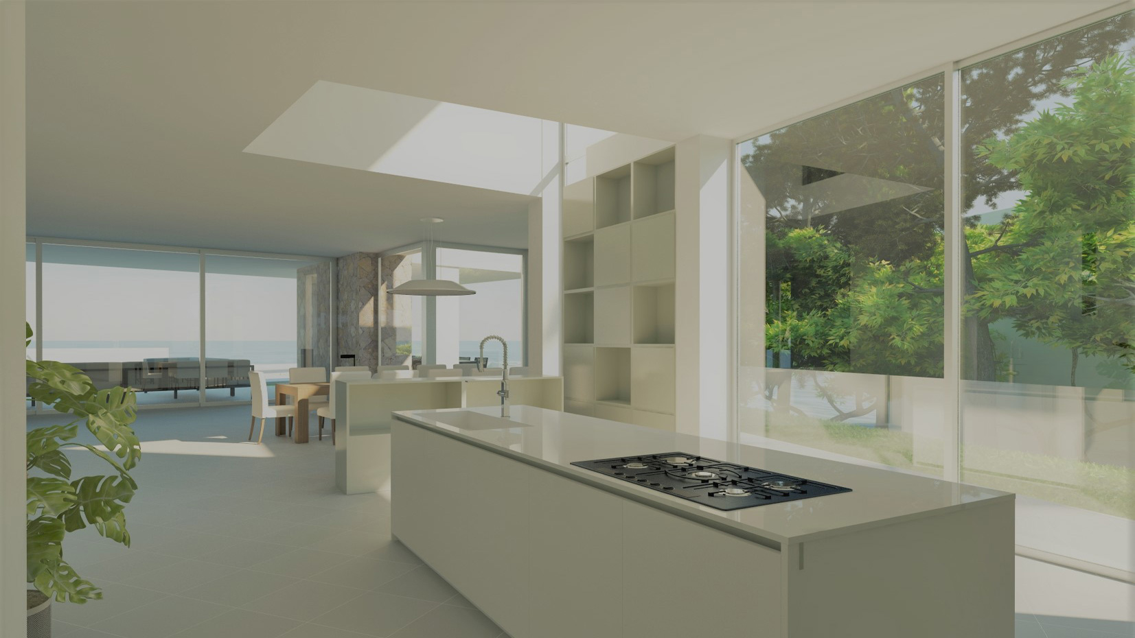 Villa de diseño en 1ª línea en Puerto Adriano - Salón comedor abierto con cocina de diseño
