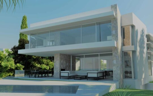 Designer Villa in 1. Meereslinie in Port Adriano - Rückfassade der modernen Neubauvilla