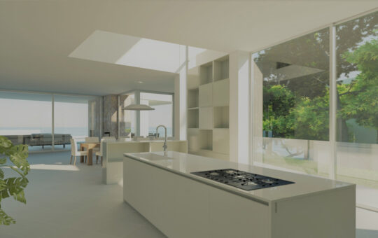 Designer Villa in 1. Meereslinie in Port Adriano - Offener Wohn-Essbereich mit moderner Designerküche