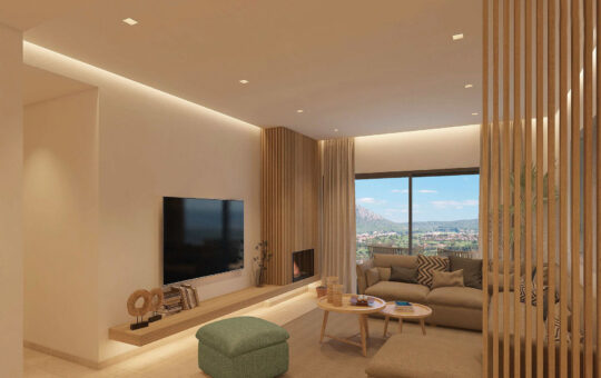 Fantastic new build penthouses with sea views in Santa Ponsa - Living area with fireplace