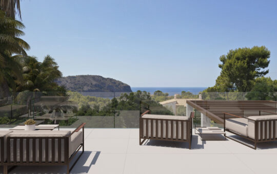 Exclusiva villa de nueva construcción con apartamento de invitados en Camp de Mar - Salón exterior con vistas al mar