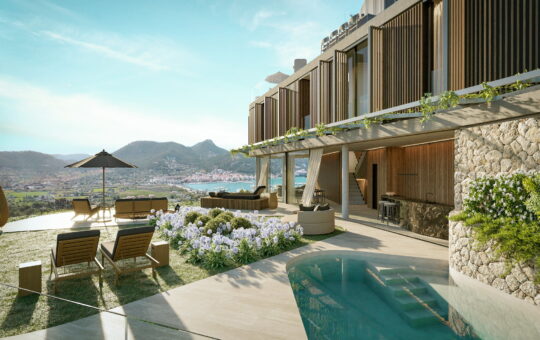 Projekt einer modernen Neubau-Residenz in Port Andratx - Garten und Poolbereich mit Hafenblick