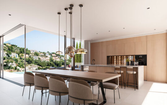 Neubau Luxusvilla in Costa d'en Blanes - Offene Küche mit Essbereich
