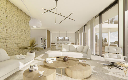 Proyecto: Villa con vistas parciales al mar en Sol de Mallorca - Gran sala de estar-comedor inundada de luz